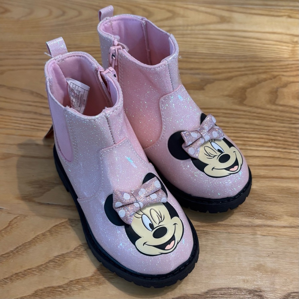 Disney Junior Pink Sparkle Minnie Mouse Ankle Combat Rain Boots Toddler 6 NWT